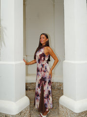 Vestido largo halter estampado beige