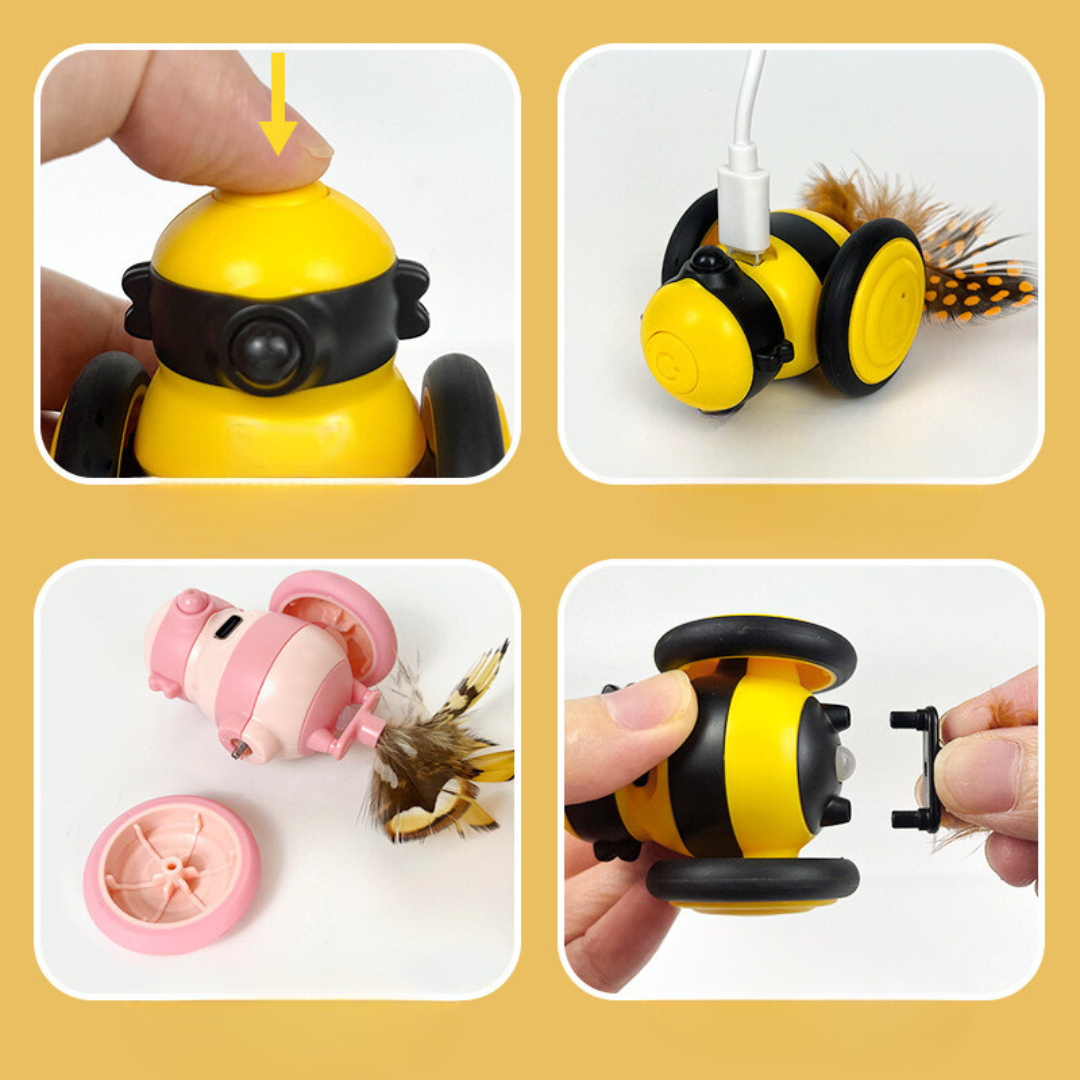 Juguete interactivo para gatos con forma de abeja y plumas