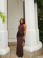 Vestido largo halter banda glitter chocolate