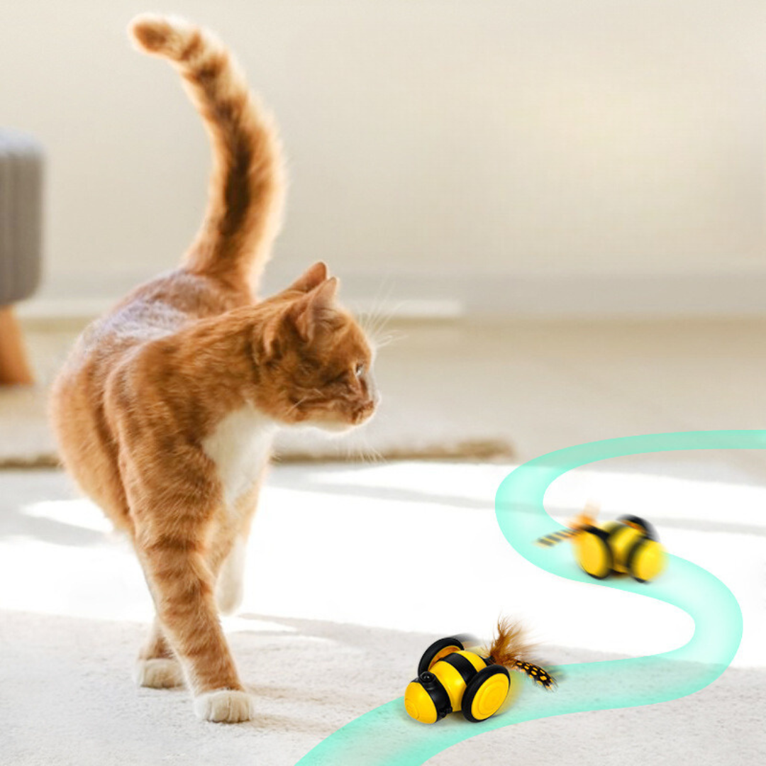 Juguete interactivo para gatos con forma de abeja y plumas