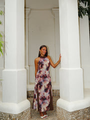 Vestido largo halter estampado beige