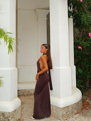 Vestido largo halter banda glitter chocolate