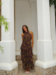 Vestido largo halter lazo estampado oliva