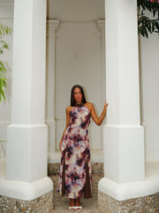 Vestido largo halter estampado beige