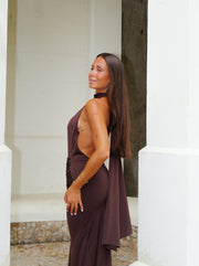Vestido largo halter banda glitter chocolate