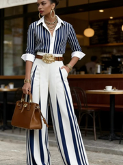 Sol - Women's Striped Shirt and Wide-Leg Pants Set