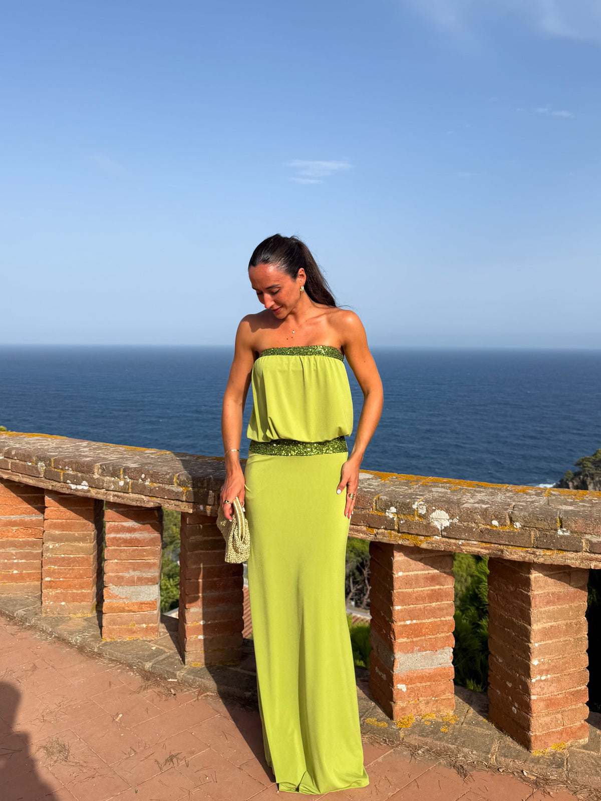 PREVENTA - Vestido largo palabra glitter oliva