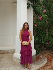 Vestido largo halter lazo liso vino