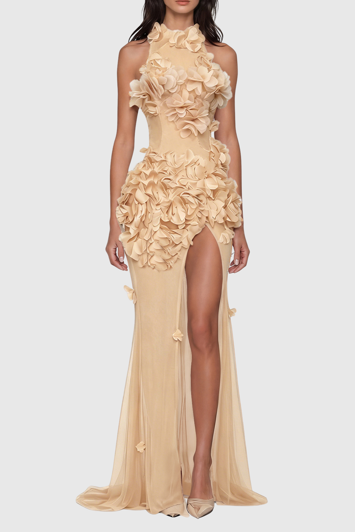 Garesa Floral Appliqué Sleeveless Maxi Dress - Beige