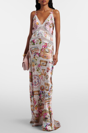Kretsa Lace Print Silk Maxi Dress