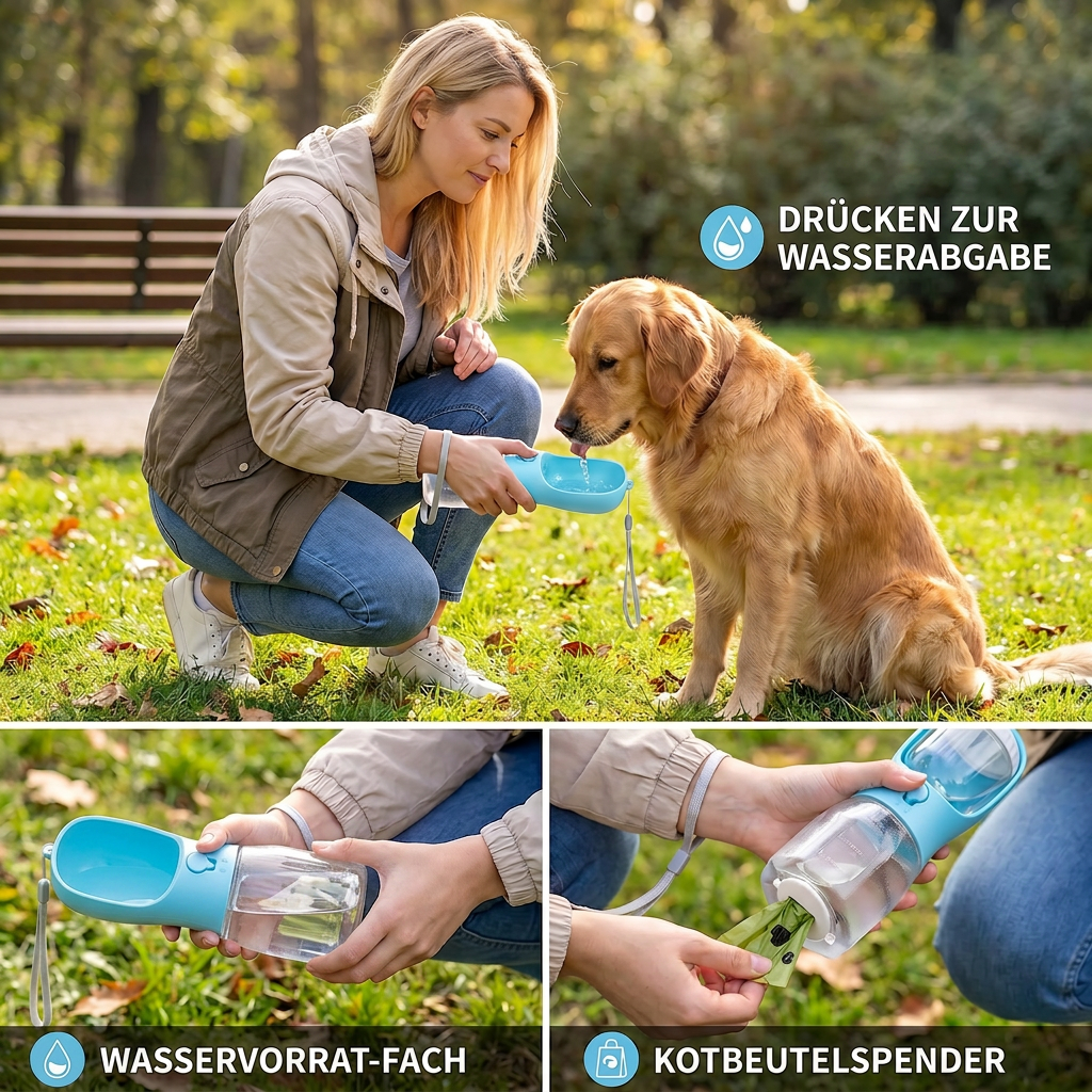 3 in 1 tragbare Hundeflasche mit Futterbehälter und Kotbeutelhalter
