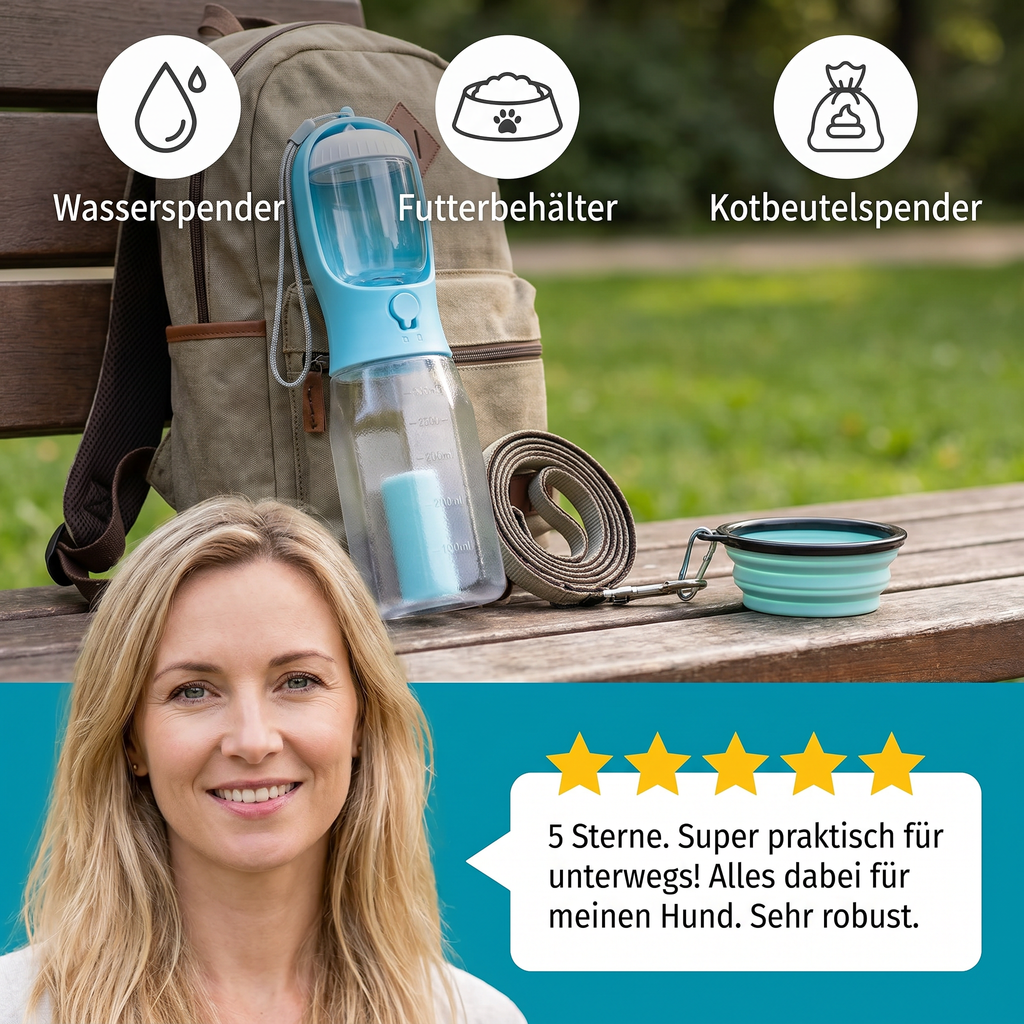 3 in 1 tragbare Hundeflasche mit Futterbehälter und Kotbeutelhalter