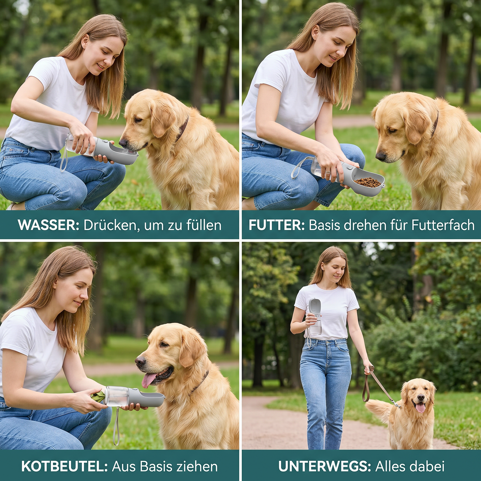 3 in 1 tragbare Hundeflasche mit Futterbehälter und Kotbeutelhalter