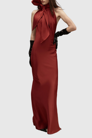 Mskita Halter Backless Bow Maxi Dress - Red