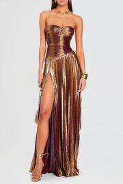 Nskhaz Strapless Metallic Pleated Maxi Dress