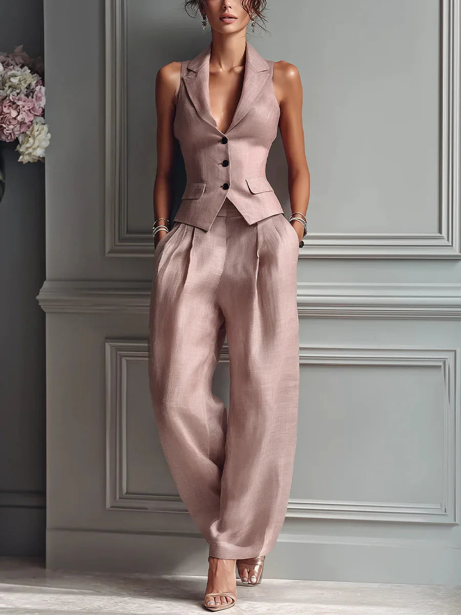 Women's two-piece suit with a V-neck and buttons