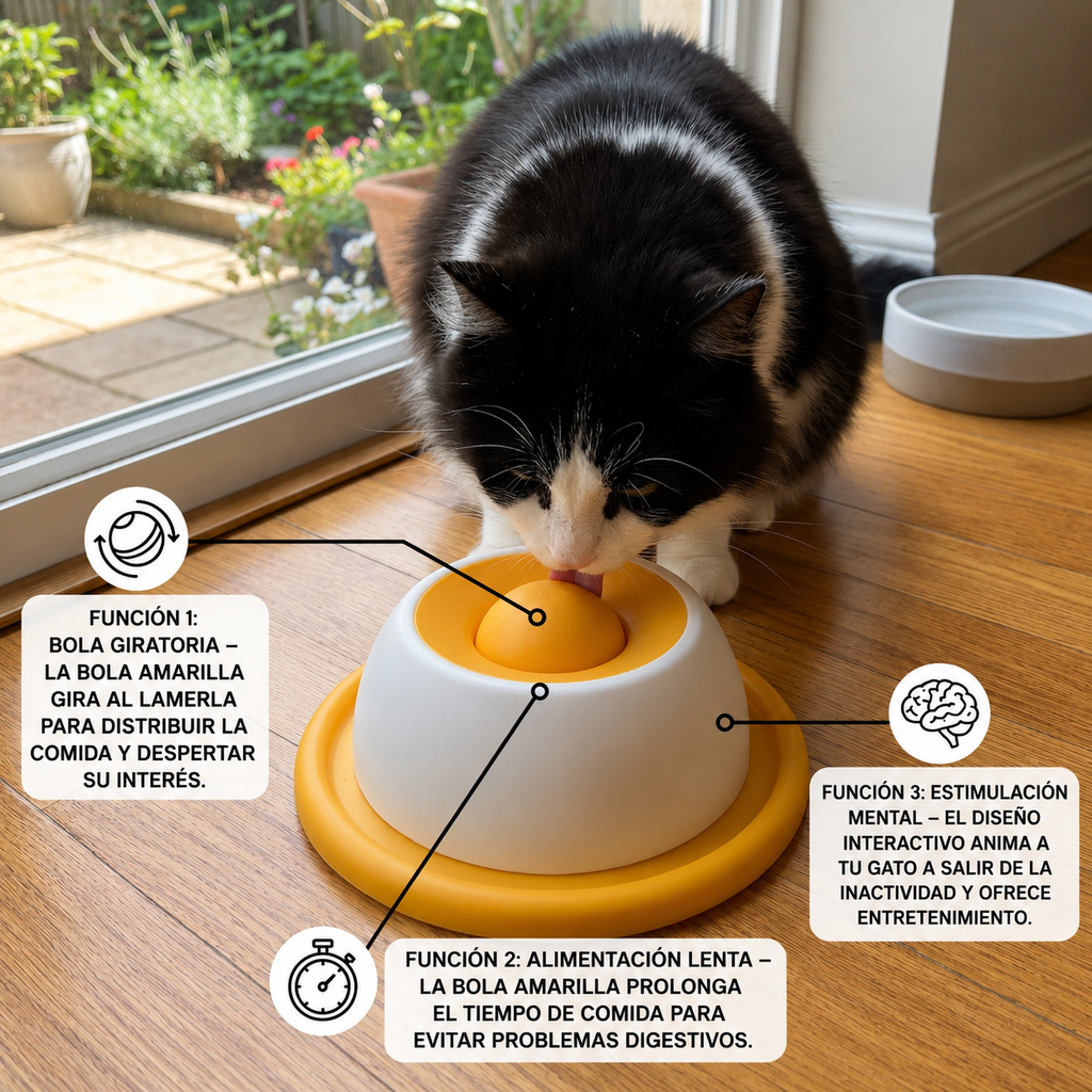 Plato interactivo para golosinas y juguetes: comedero lento para gatos