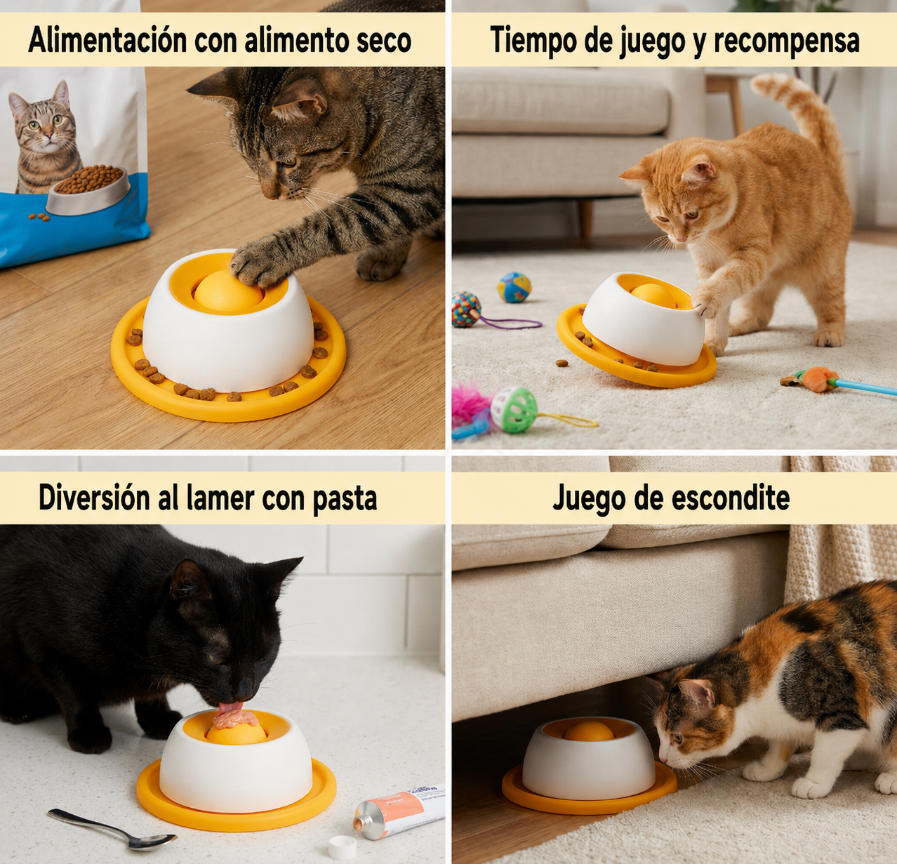 Plato interactivo para golosinas y juguetes: comedero lento para gatos