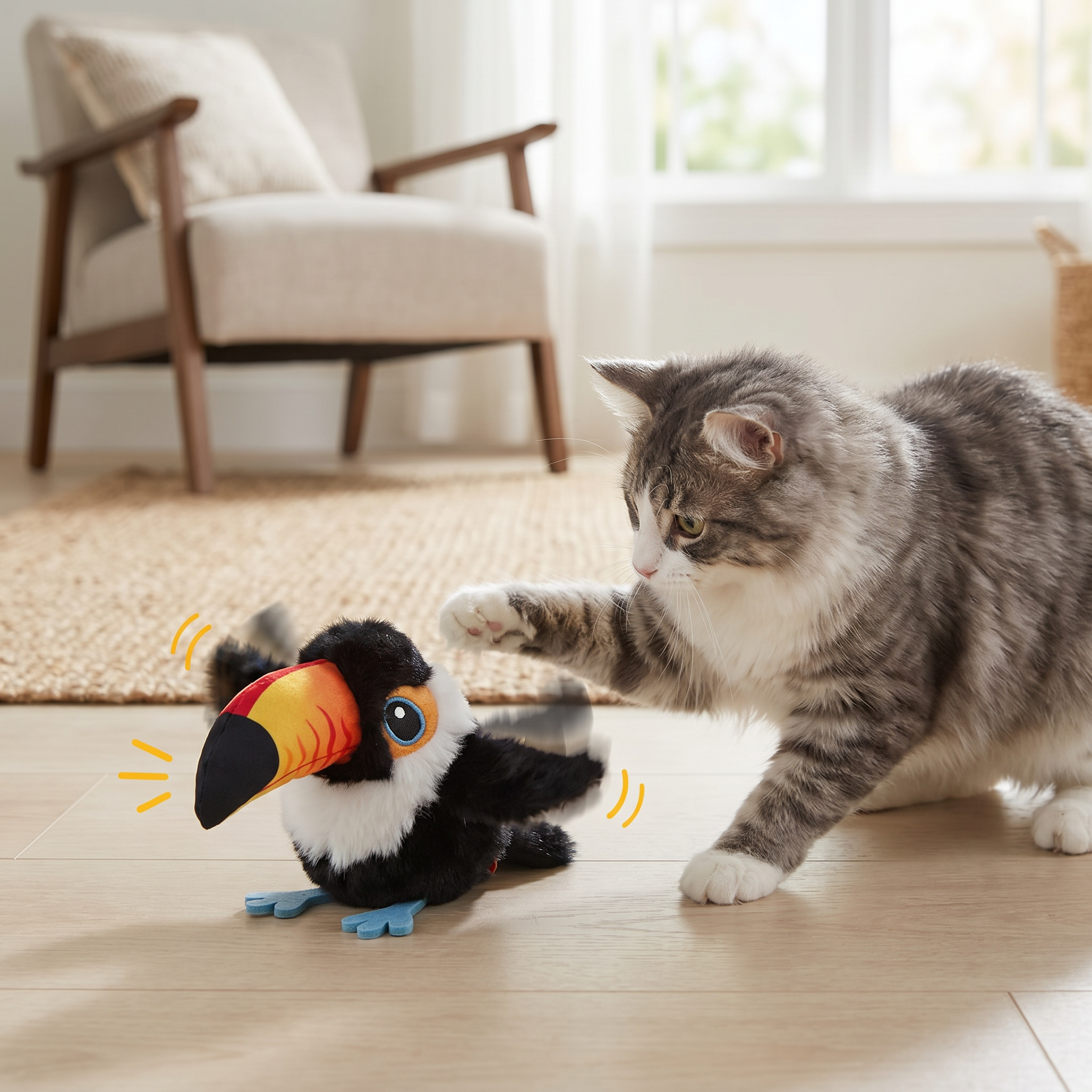 Juguete para gatos con pájaros que aletean y gorjean