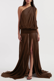 Vnaker One Shoulder Ruched Maxi Dress - Brown