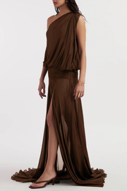 Vnaker One Shoulder Ruched Maxi Dress - Brown