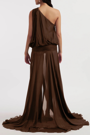Vnaker One Shoulder Ruched Maxi Dress - Brown