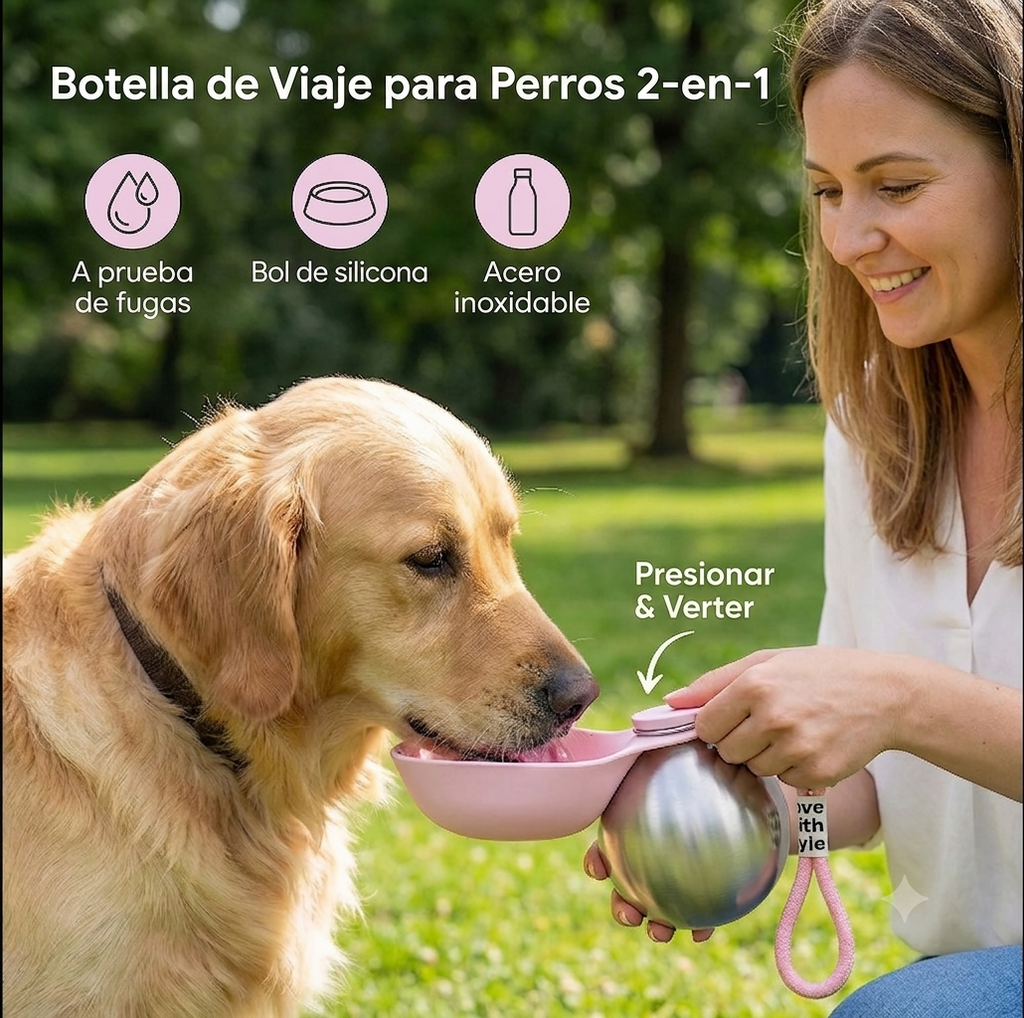 Botella de viaje 2 en 1 para perros: botella de agua de acero inoxidable a prueba de fugas con cuenco de silicona