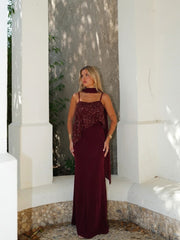 PREVENTA - Vestido asim banda brillos burdeos