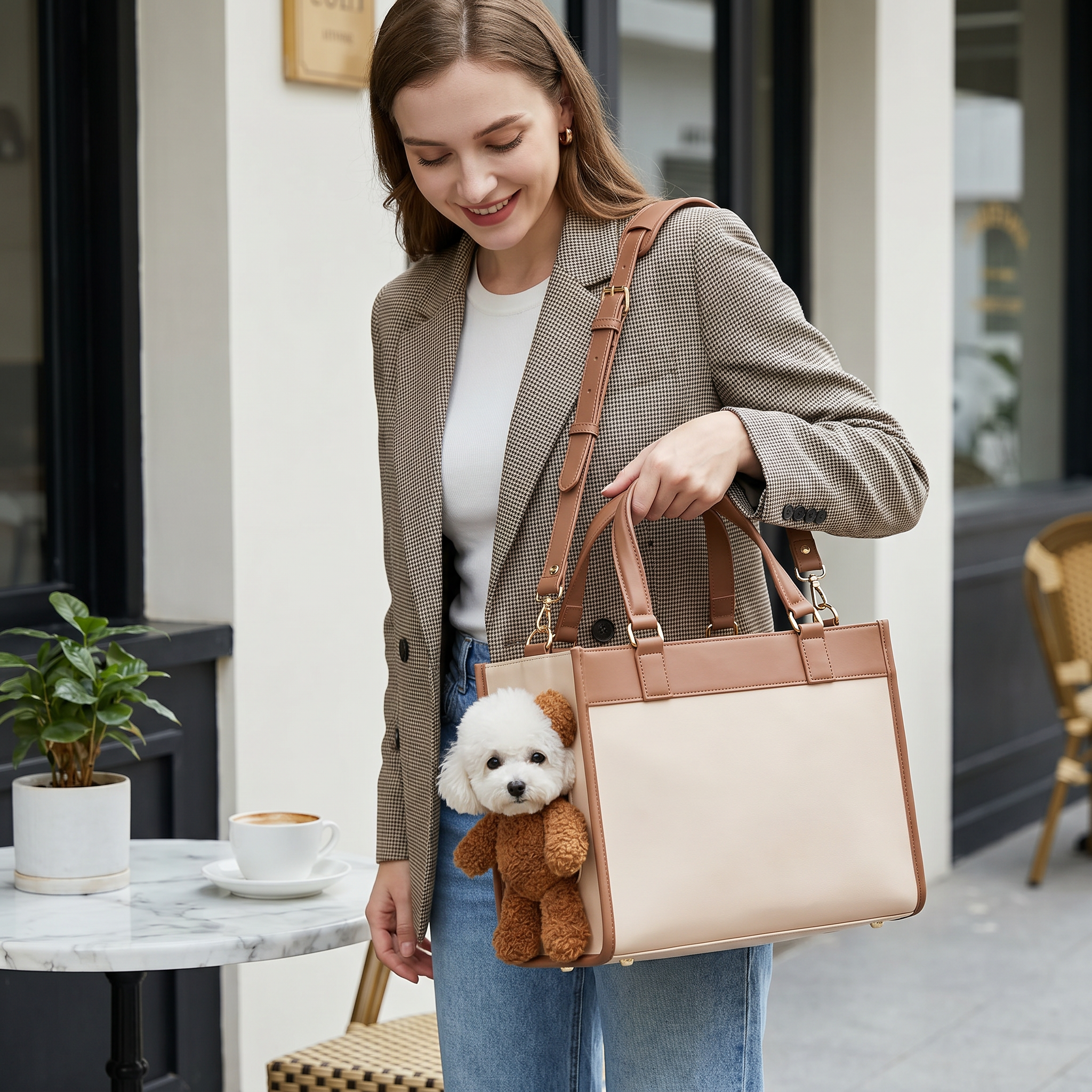 Bolso de transporte para mascotas con osito de peluche y ventana para ver al animalito