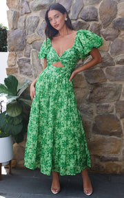 VIRENA™ | Vestido Largo Verde con Estampado Floral