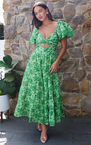 VIRENA™ | Vestido Largo Verde con Estampado Floral