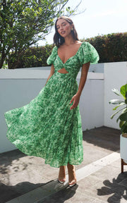 VIRENA™ | Vestido Largo Verde con Estampado Floral