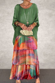 ELYRA™ | Vestido Capas Verde Naranja