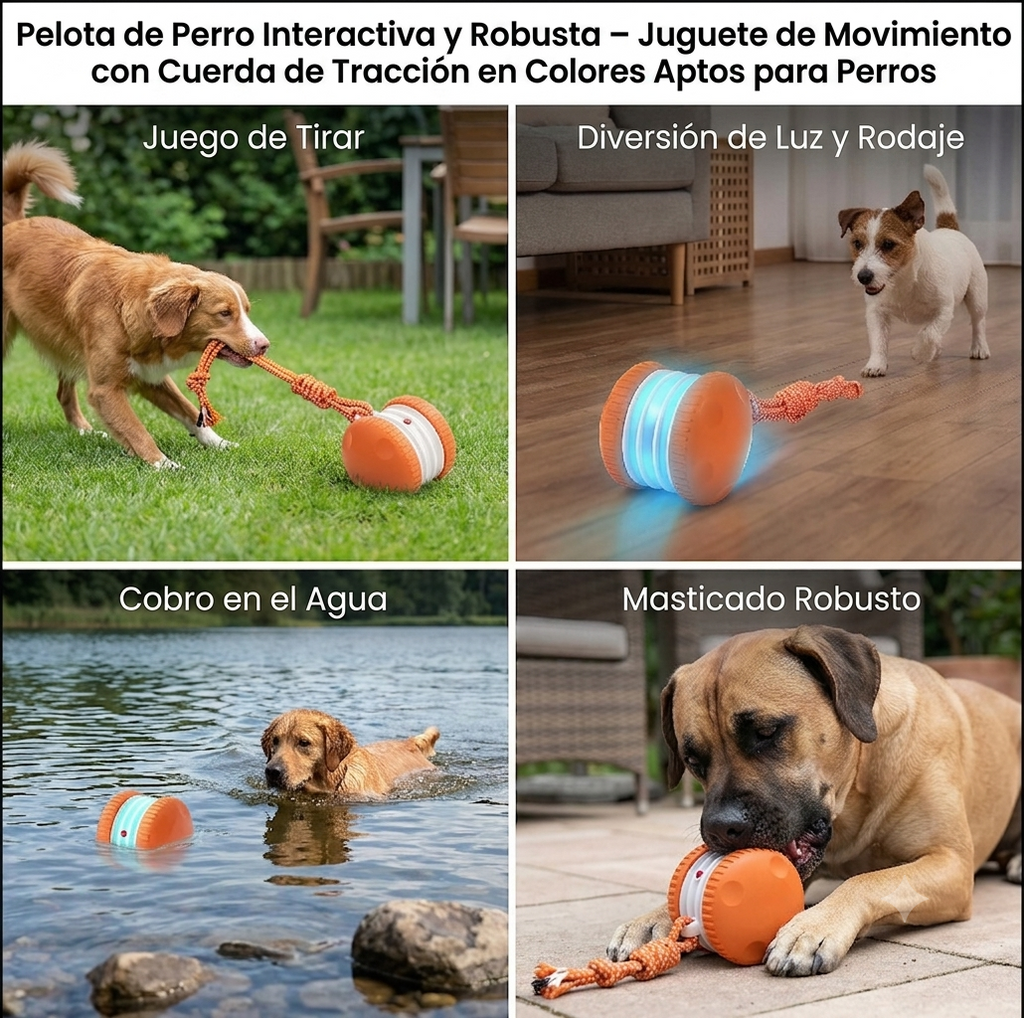 Pelota interactiva y resistente para perros: juguete de movimiento con cuerda para tirar en colores para perros