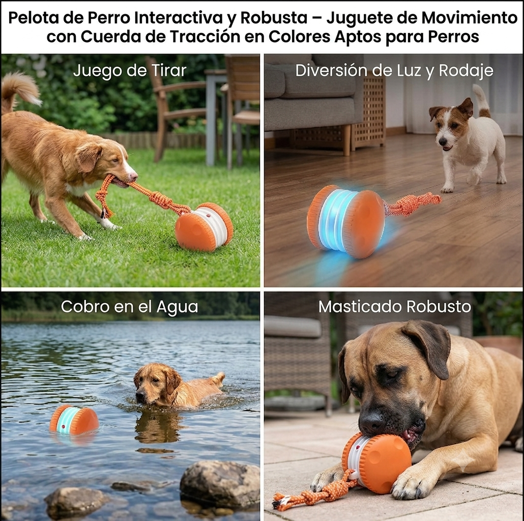 Pelota interactiva y resistente para perros: juguete de movimiento con cuerda para tirar en colores para perros
