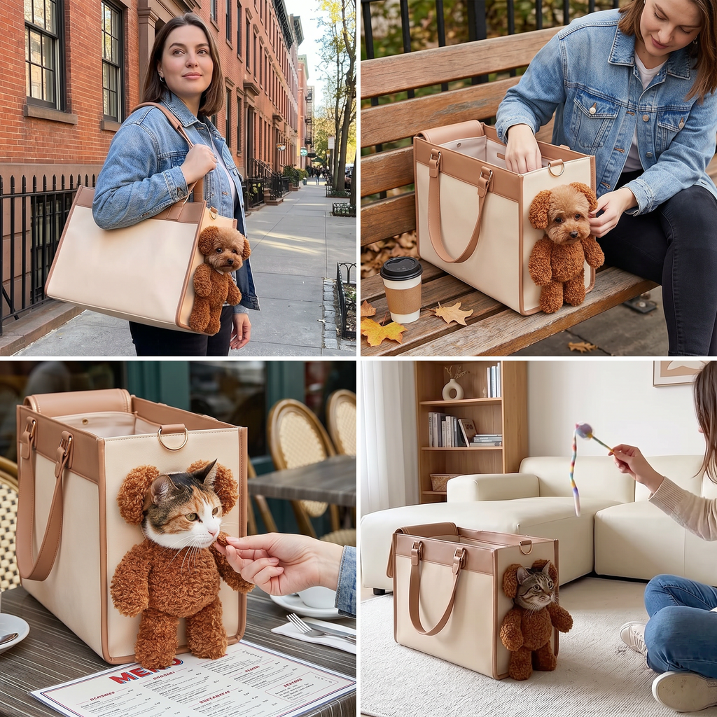 Bolso de transporte para mascotas con osito de peluche y ventana para ver al animalito