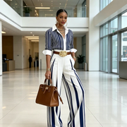Sol - Women's Striped Shirt and Wide-Leg Pants Set