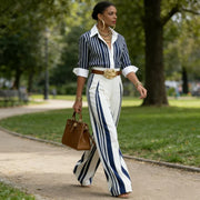 Sol - Women's Striped Shirt and Wide-Leg Pants Set