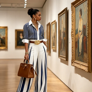 Sol - Women's Striped Shirt and Wide-Leg Pants Set