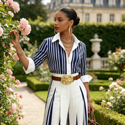 Sol - Women's Striped Shirt and Wide-Leg Pants Set