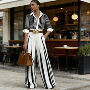 Sol - Women's Striped Shirt and Wide-Leg Pants Set