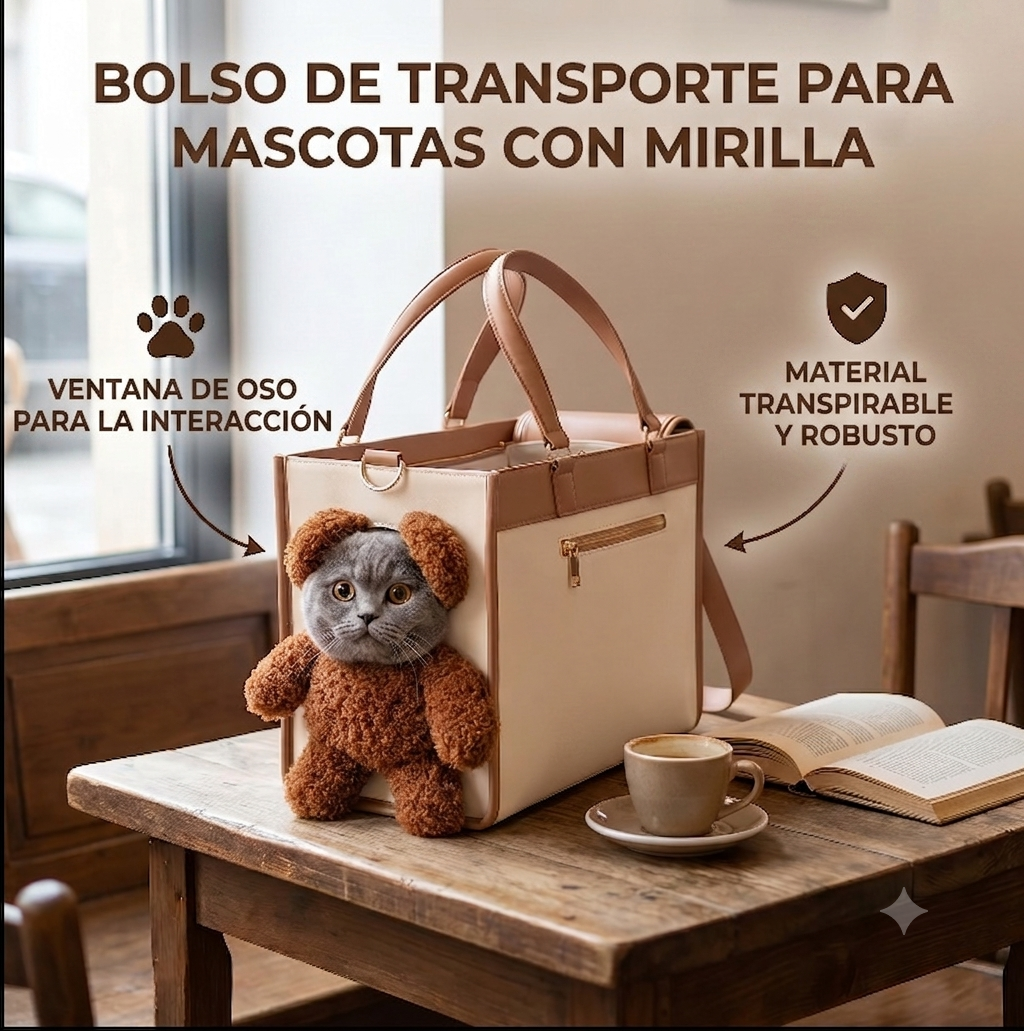Bolso de transporte para mascotas con osito de peluche y ventana para ver al animalito